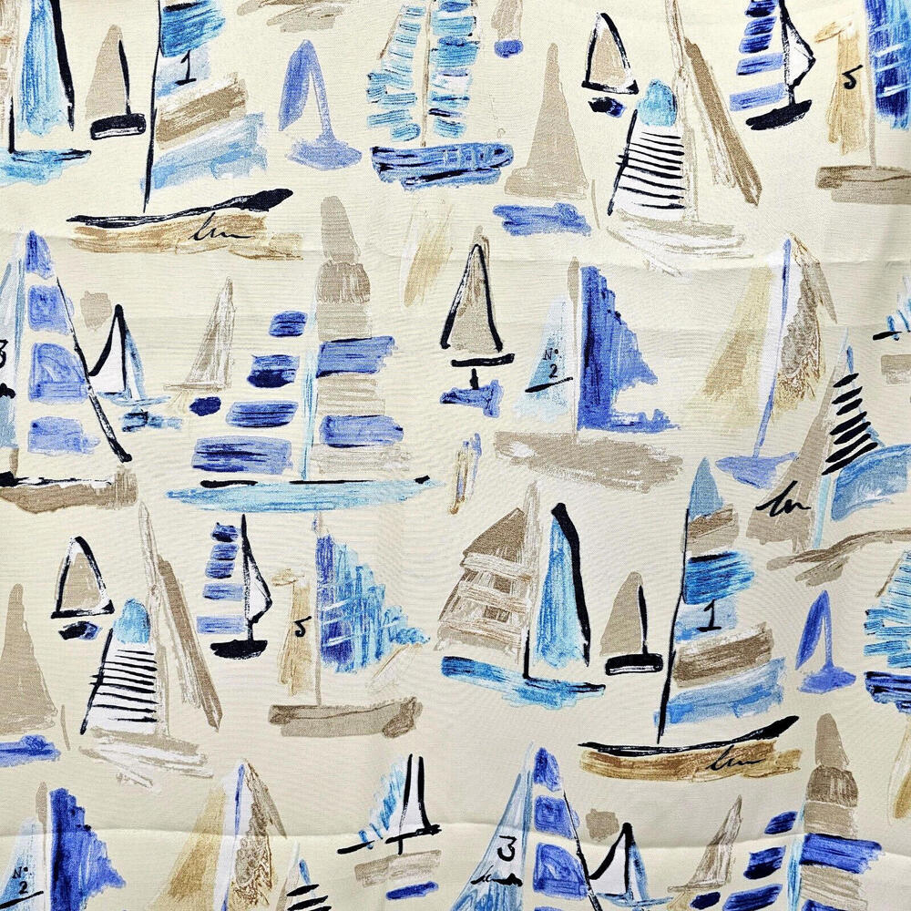 Mill Creek Tan And Blue Sailboats Nautical Outdoor Fabric Remnant 56x55 Inches - Picture 4 of 4